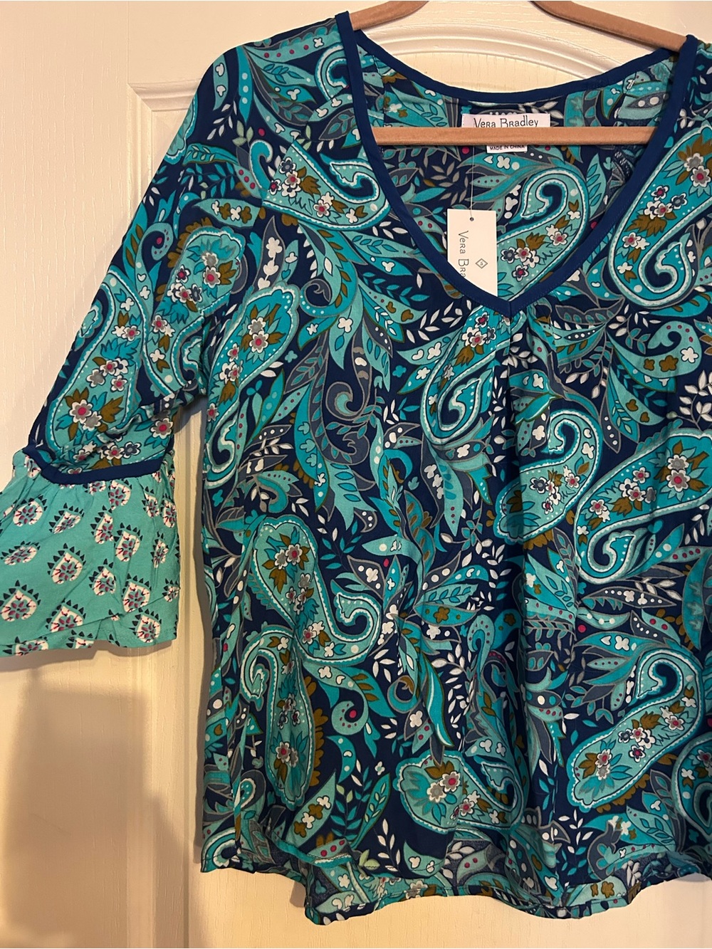Vera Bradley Kelsey Daisy Paisley Blouse Bell Sleeves xl Fall Teal Navy Blue - Picture 2 of 3